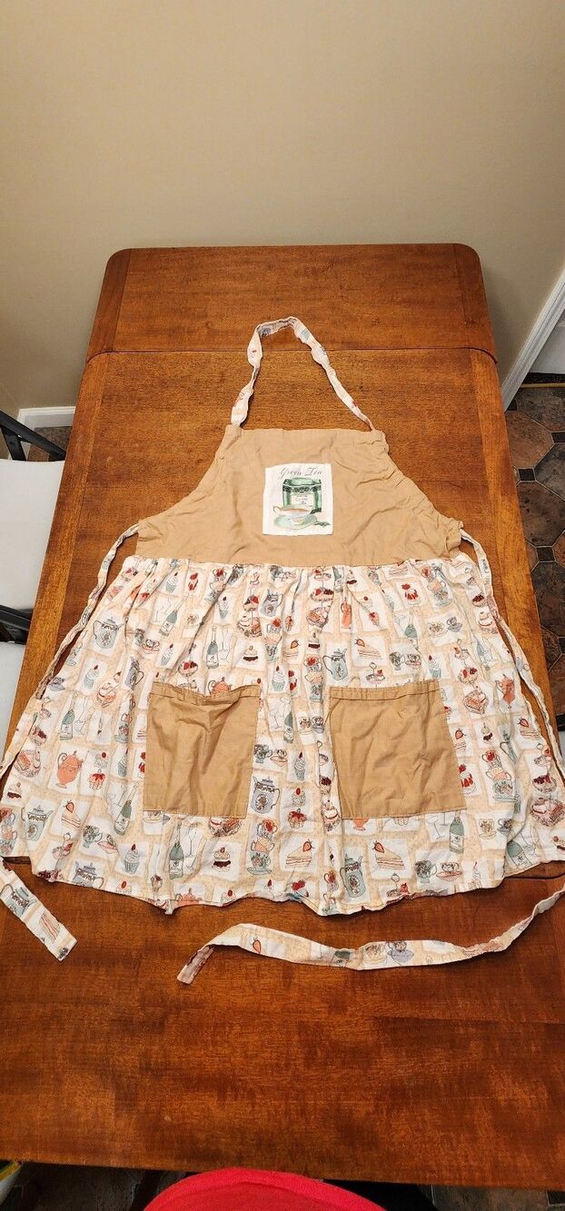 Brown and teapot themed vintage handmade apron adjustable neck strap